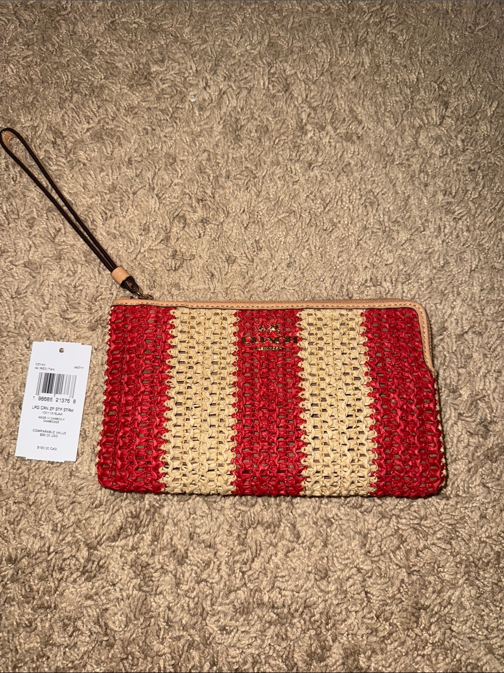 Coach Red and Natural Striped Woven Wristlet